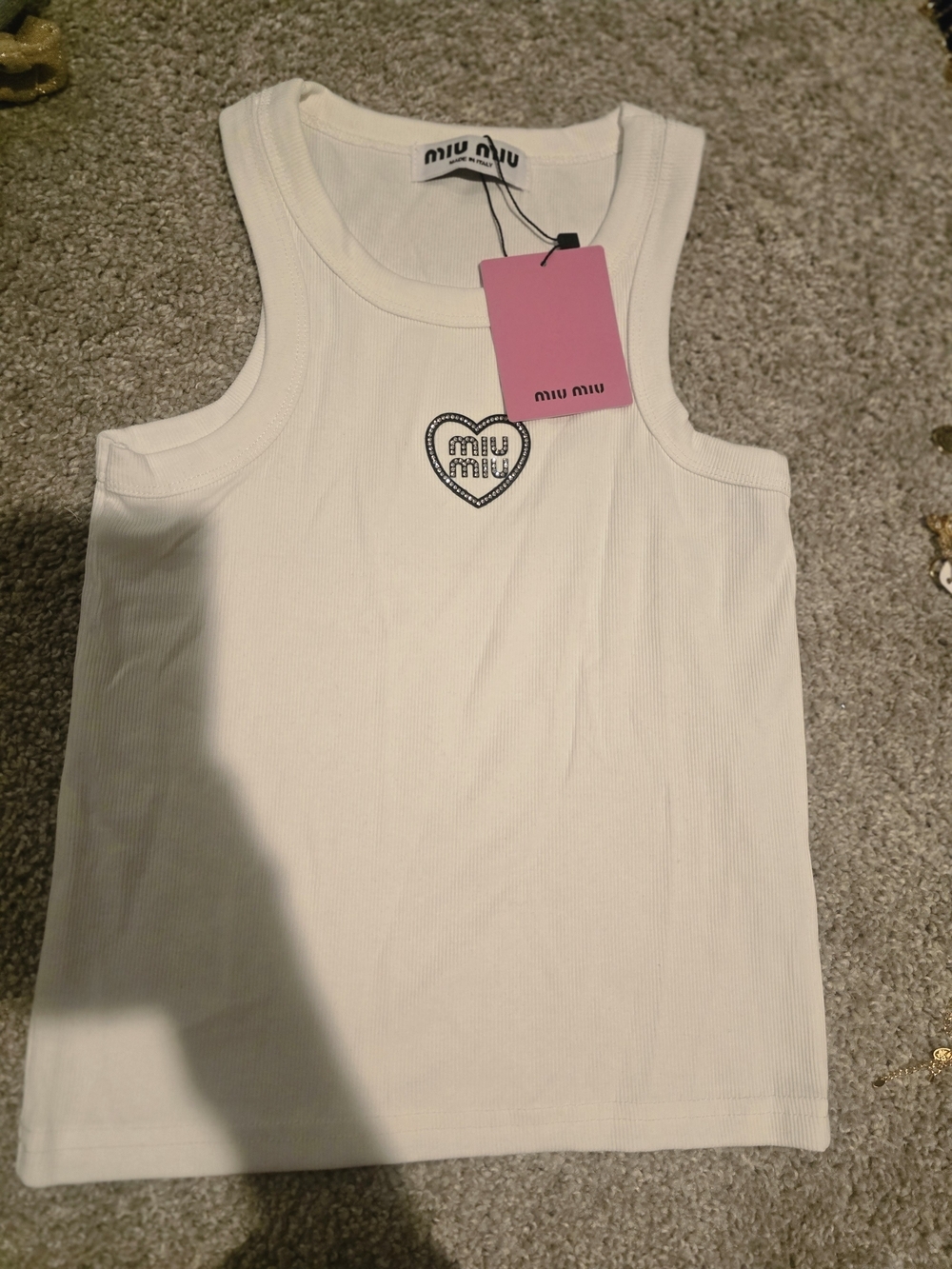 Miu Miu White Ribbed Tank Top with Heart Logo